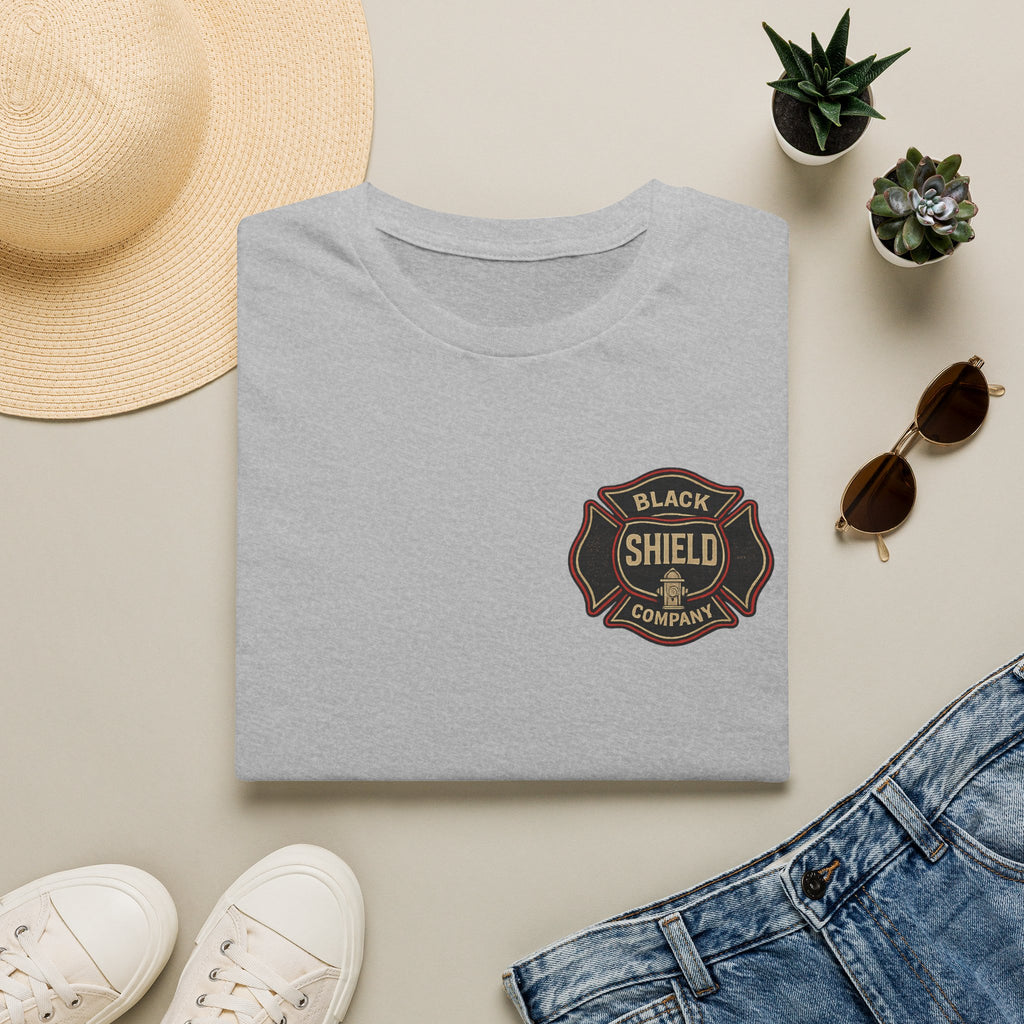 Black Shield Company Badge T-Shirt — Vintage Firefighter Emblem Tee