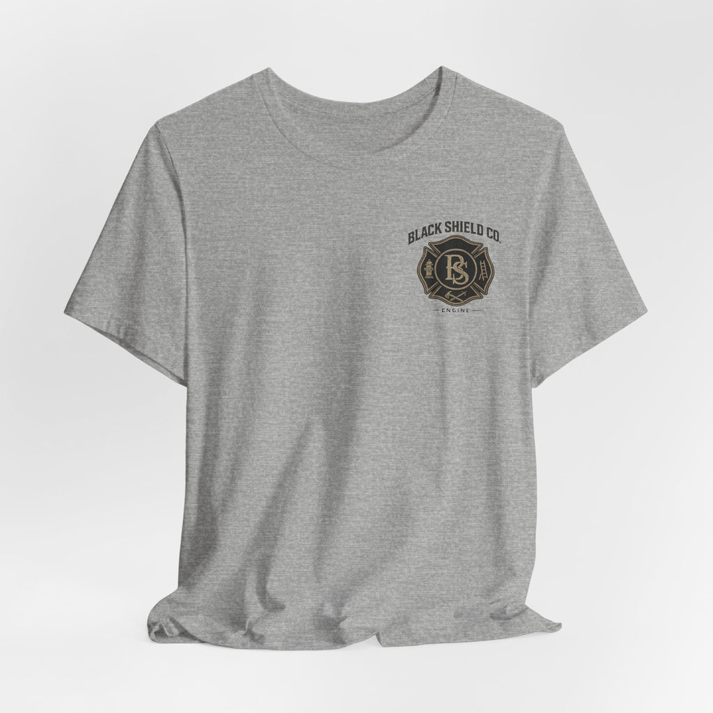 Black Shield Co. Firefighter Tee — "Tradition. Pride. Service. Always Ready."