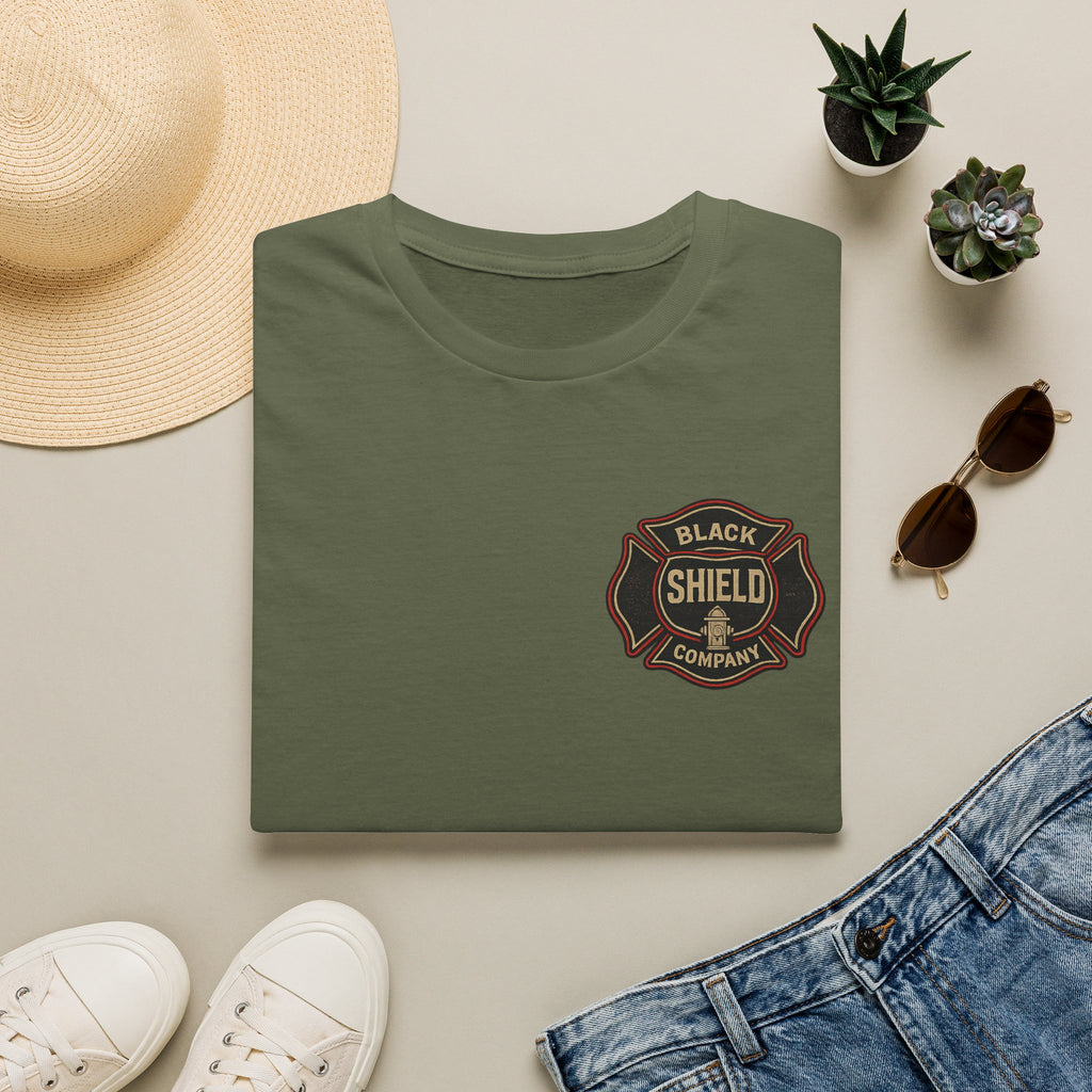 Black Shield Company Badge T-Shirt — Vintage Firefighter Emblem Tee