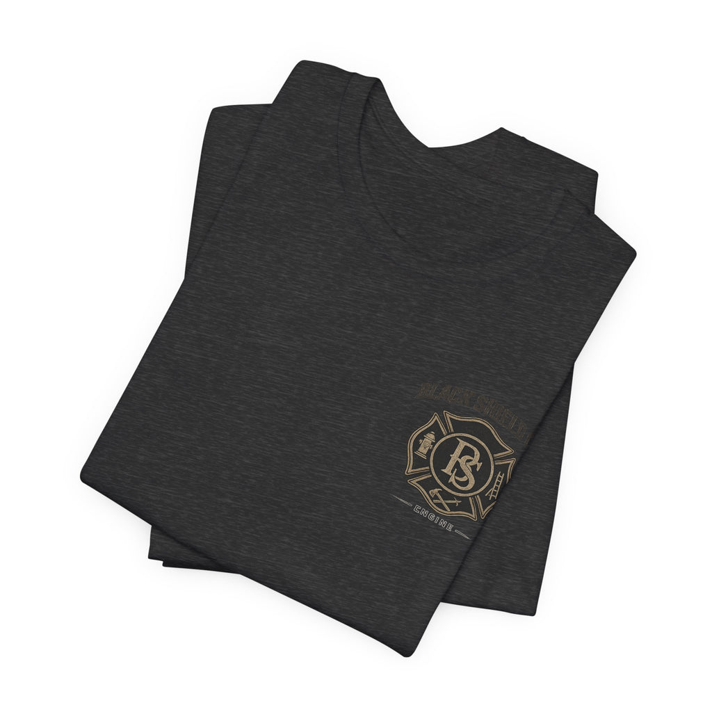 Black Shield Co. Firefighter Tee — "Tradition. Pride. Service. Always Ready."