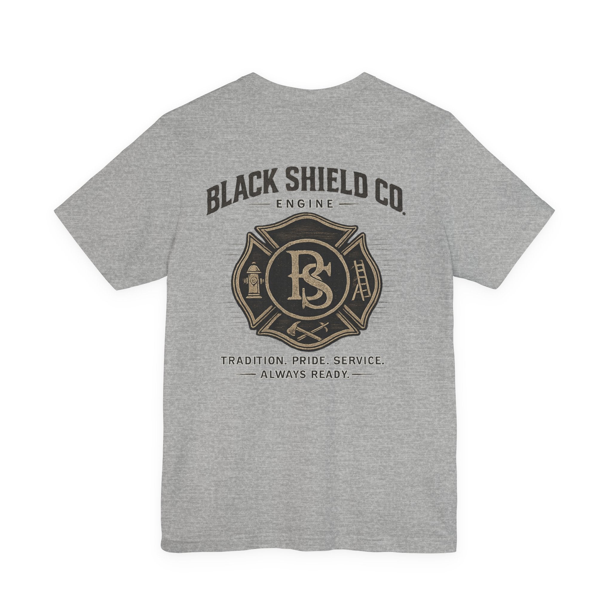 Black Shield Co. Firefighter Tee — "Tradition. Pride. Service. Always Ready."