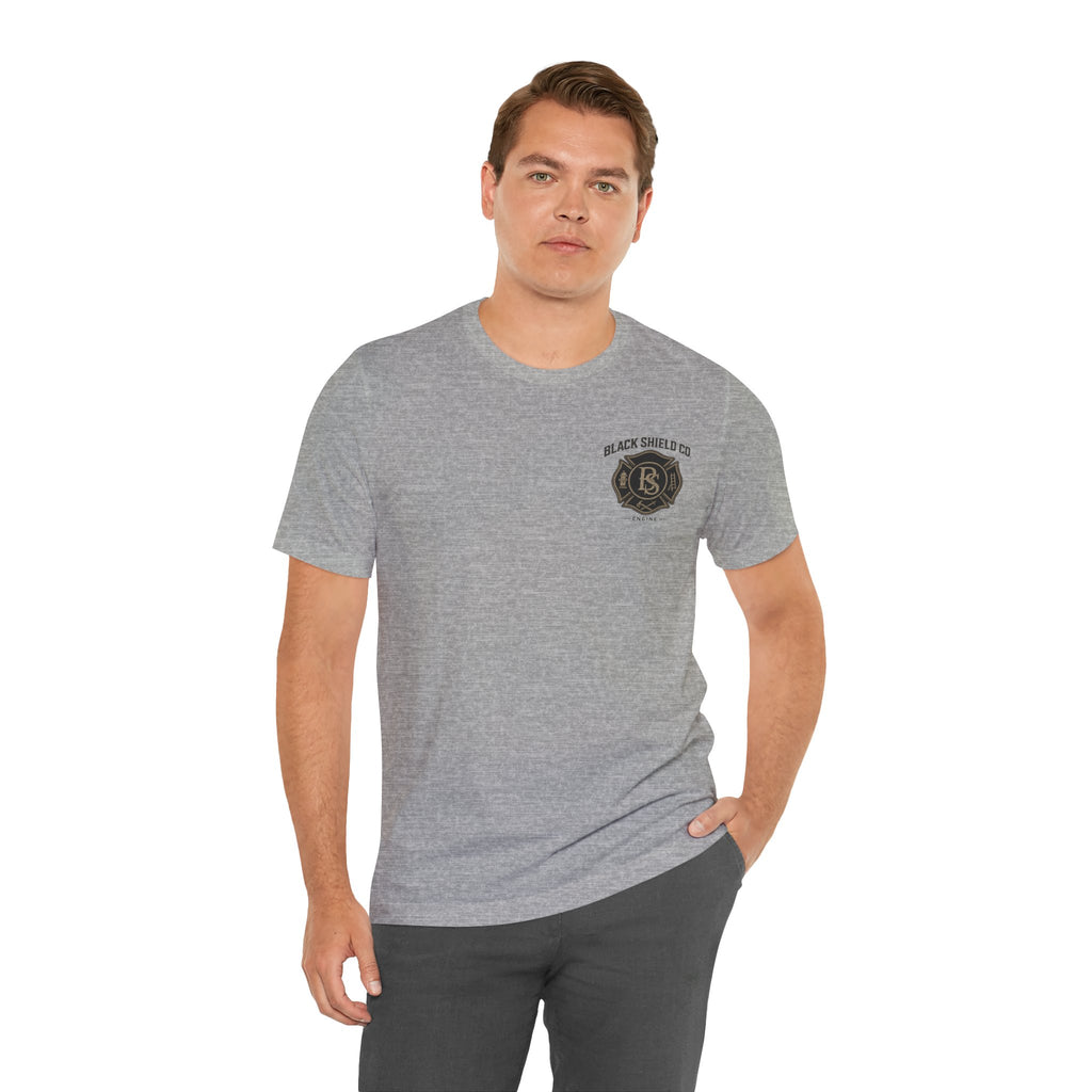 Black Shield Co. Firefighter Tee — "Tradition. Pride. Service. Always Ready."