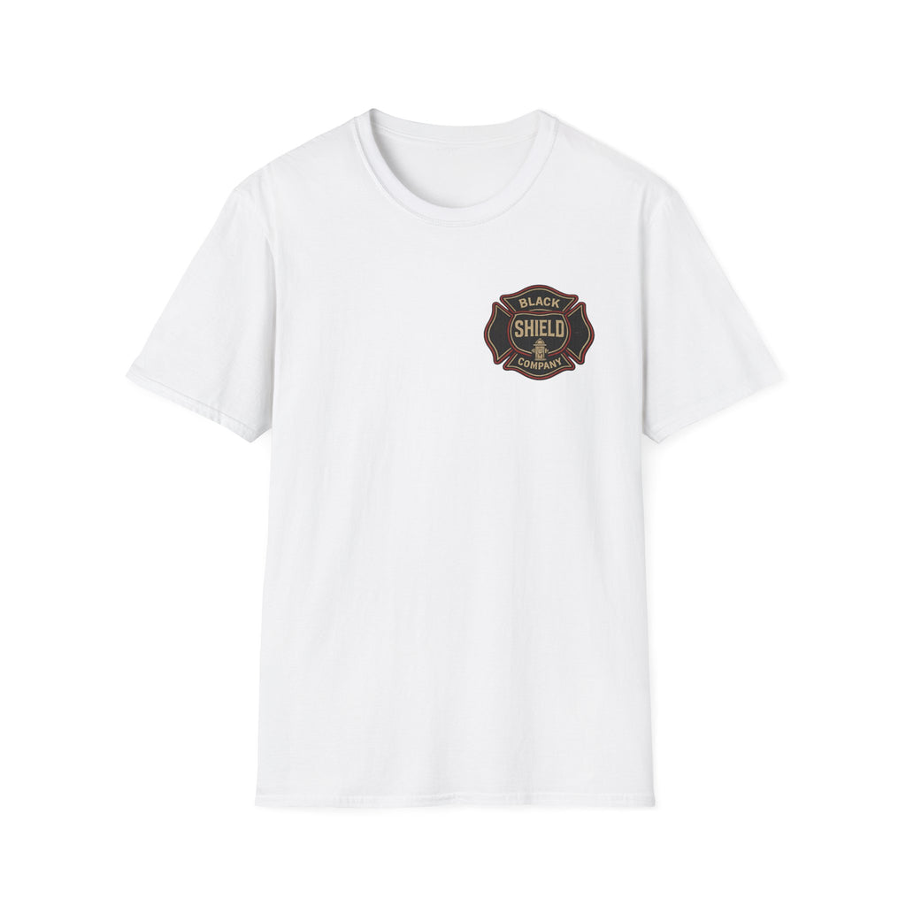 Black Shield Company Badge T-Shirt — Vintage Firefighter Emblem Tee