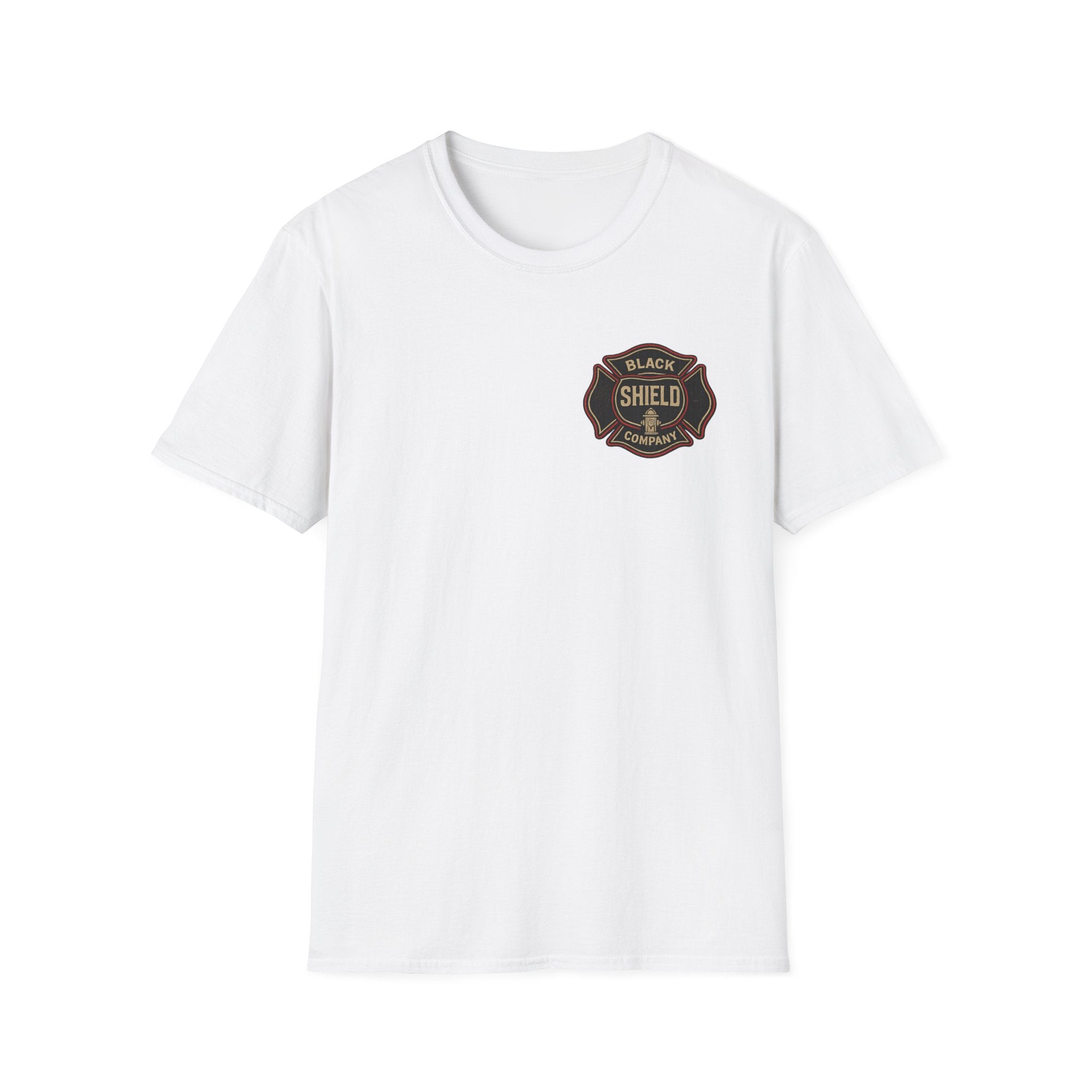 Black Shield Company Badge T-Shirt — Vintage Firefighter Emblem Tee