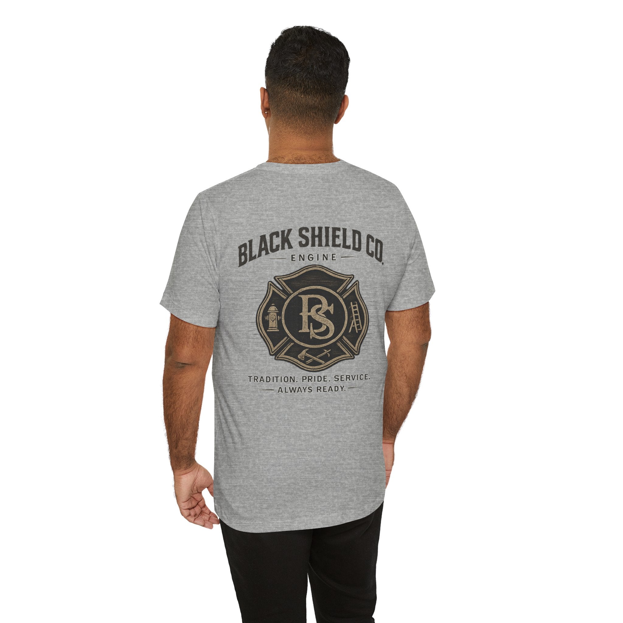 Black Shield Co. Firefighter Tee — "Tradition. Pride. Service. Always Ready."