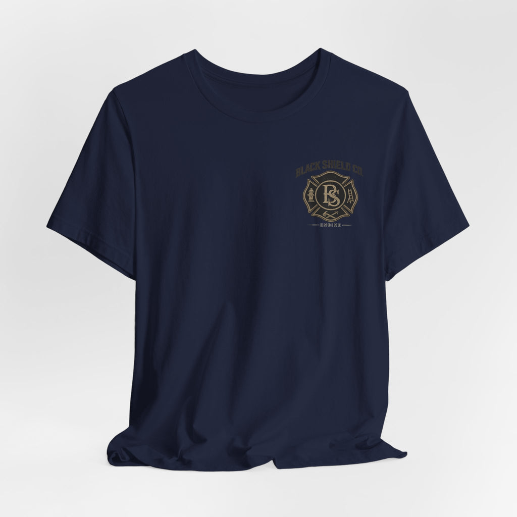 Black Shield Co. Firefighter Tee — "Tradition. Pride. Service. Always Ready."