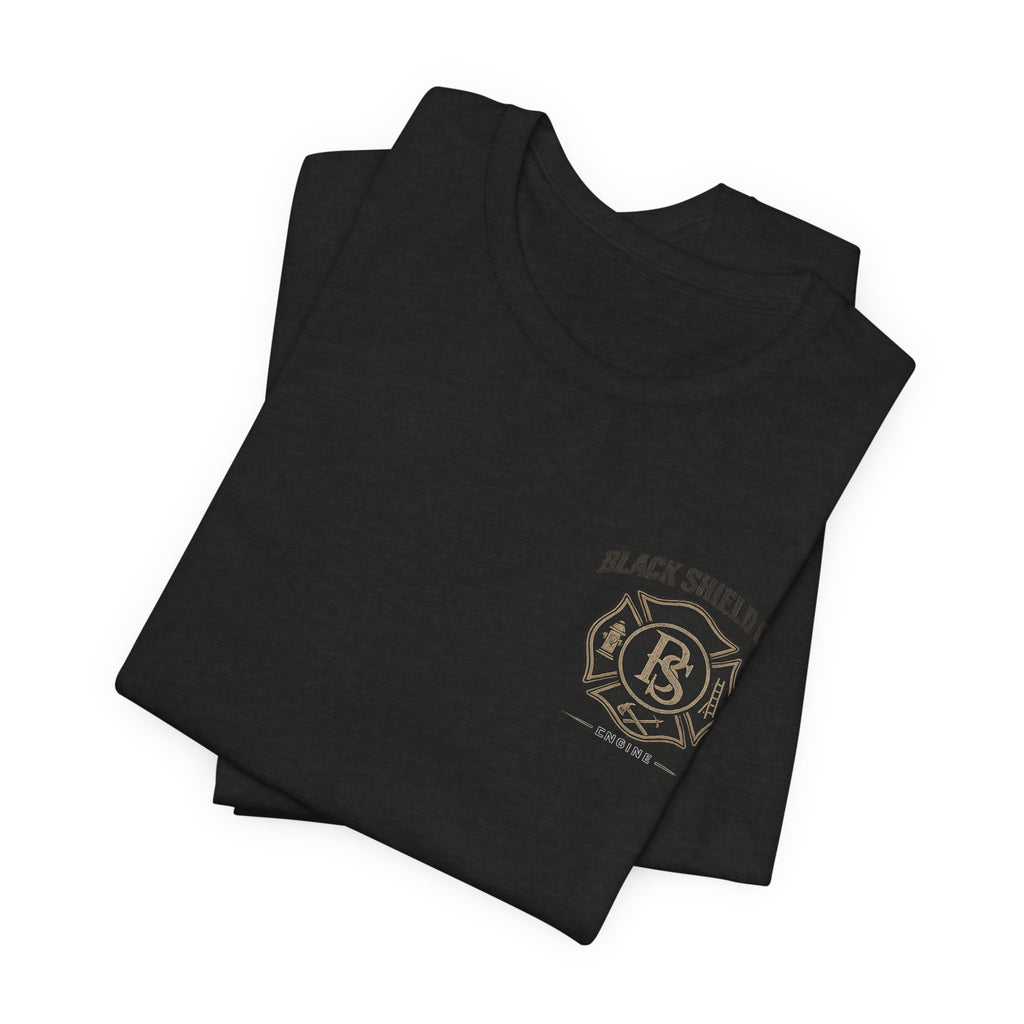 Black Shield Co. Firefighter Tee — "Tradition. Pride. Service. Always Ready."