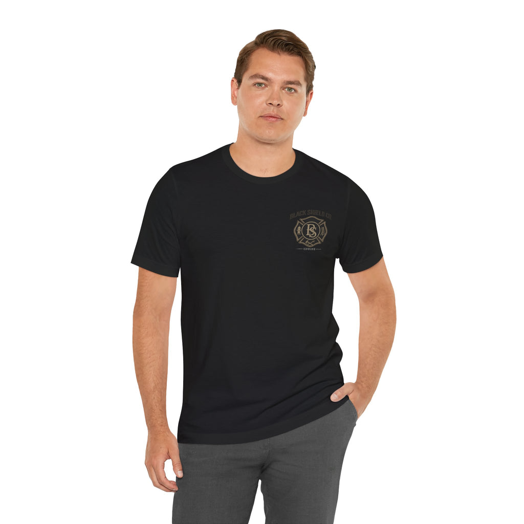 Black Shield Co. Firefighter Tee — "Tradition. Pride. Service. Always Ready."