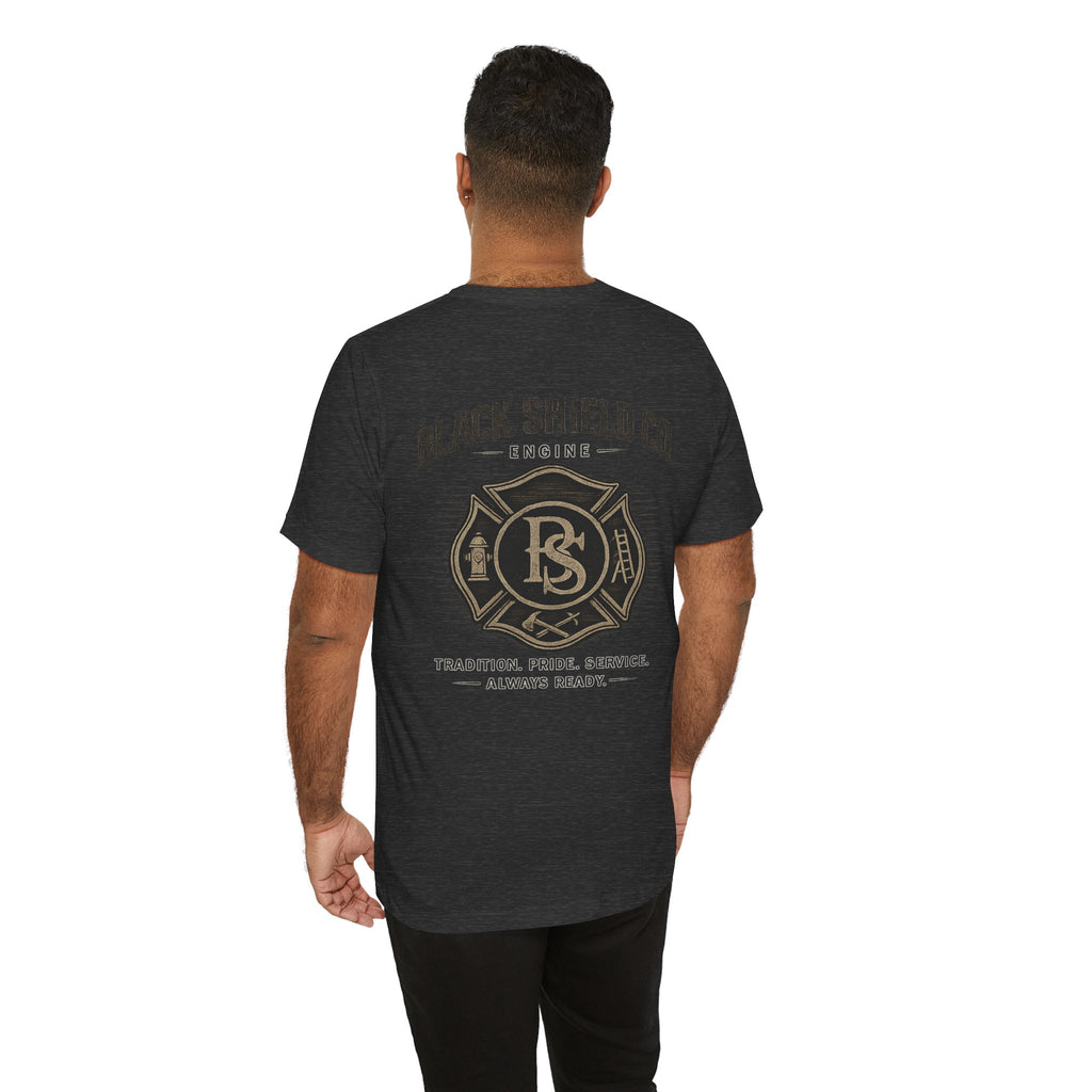 Black Shield Co. Firefighter Tee — "Tradition. Pride. Service. Always Ready."