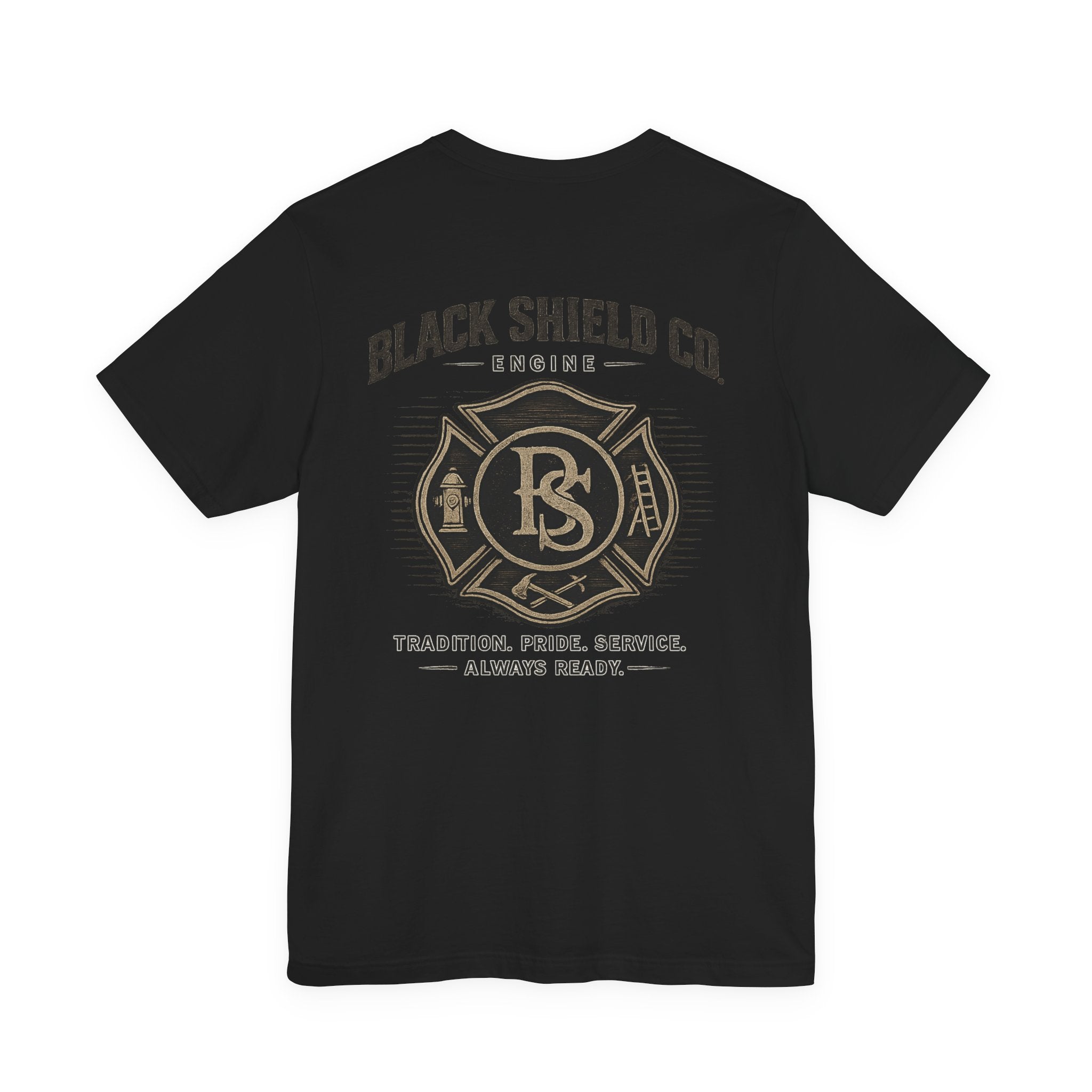 Black Shield Co. Firefighter Tee — "Tradition. Pride. Service. Always Ready."