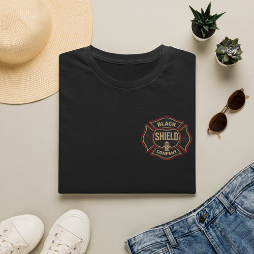 Black Shield Company Badge T-Shirt — Vintage Firefighter Emblem Tee