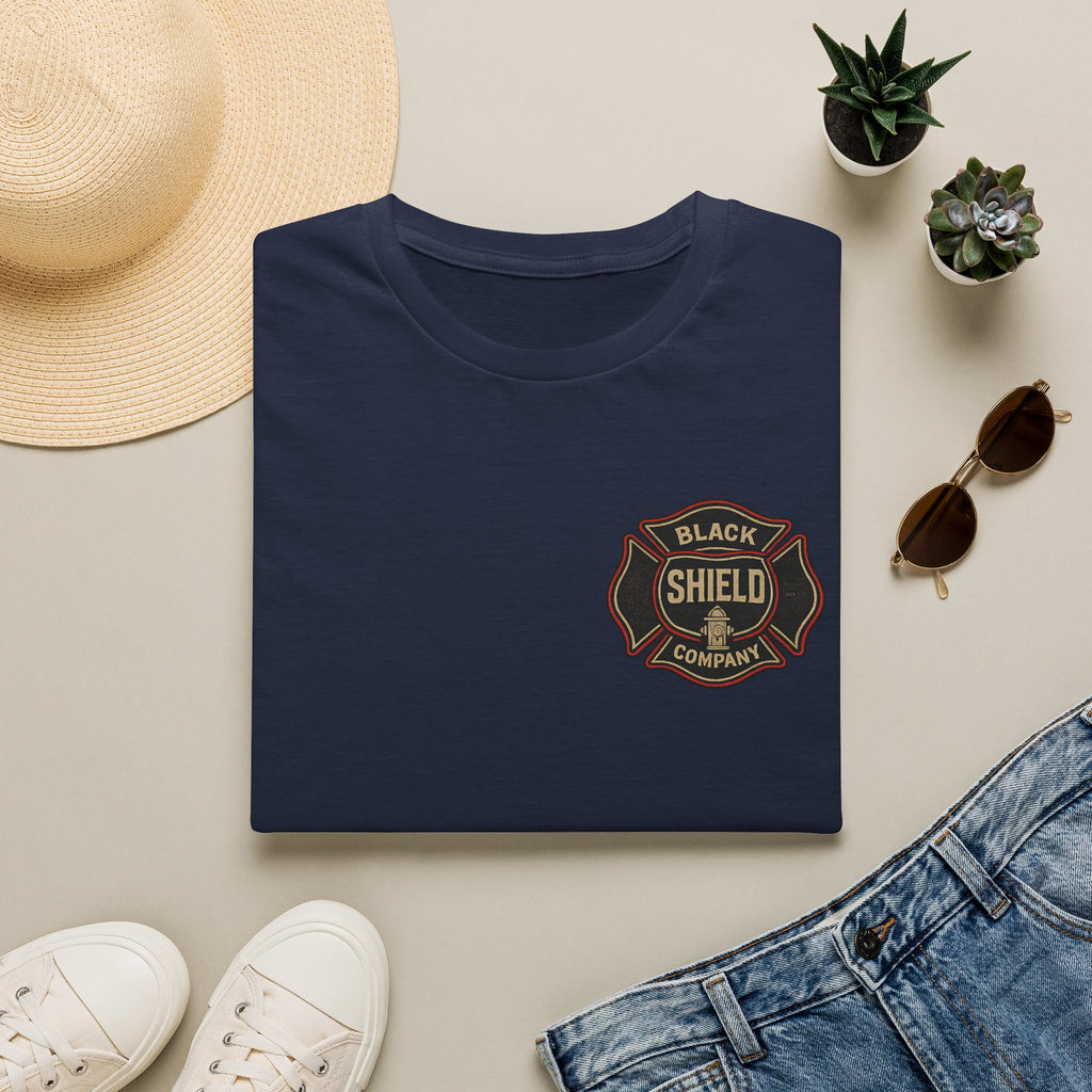 Black Shield Company Badge T-Shirt — Vintage Firefighter Emblem Tee