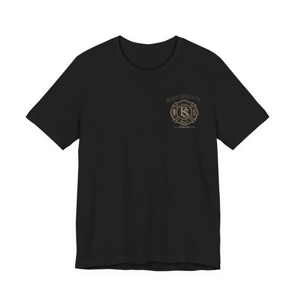 Black Shield Co. Firefighter Tee — "Tradition. Pride. Service. Always Ready."