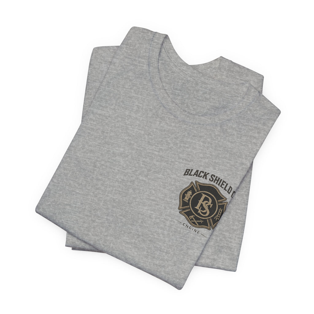 Black Shield Co. Firefighter Tee — "Tradition. Pride. Service. Always Ready."