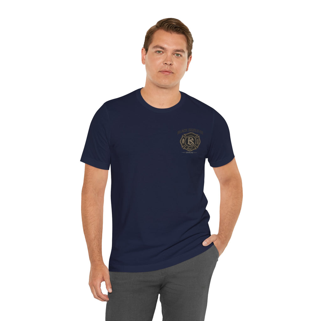 Black Shield Co. Firefighter Tee — "Tradition. Pride. Service. Always Ready."