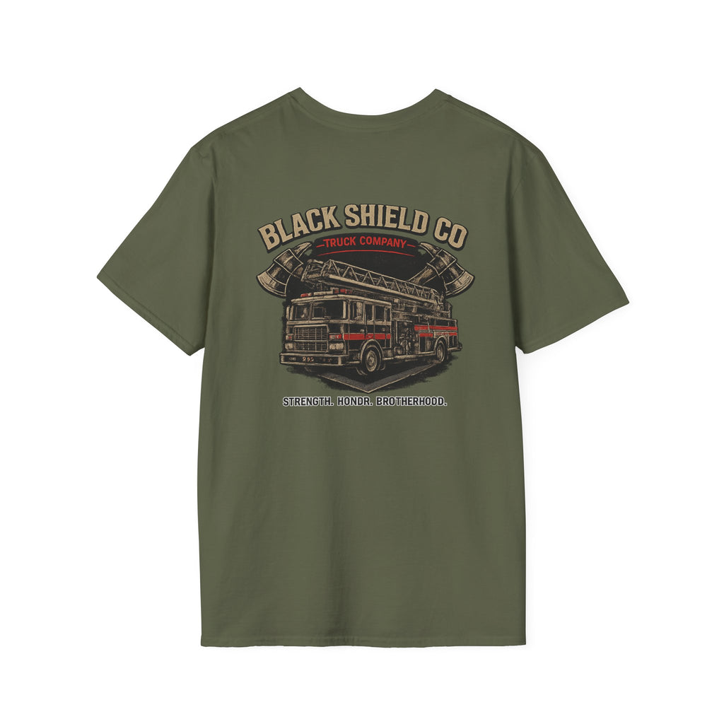 T-Shirt — Black Shield Company Vintage Firefighter Maltese Cross Logo
