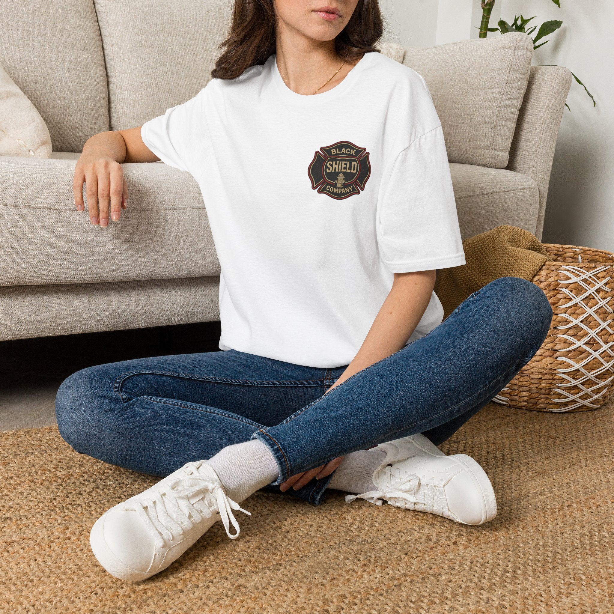 Black Shield Company Badge T-Shirt — Vintage Firefighter Emblem Tee