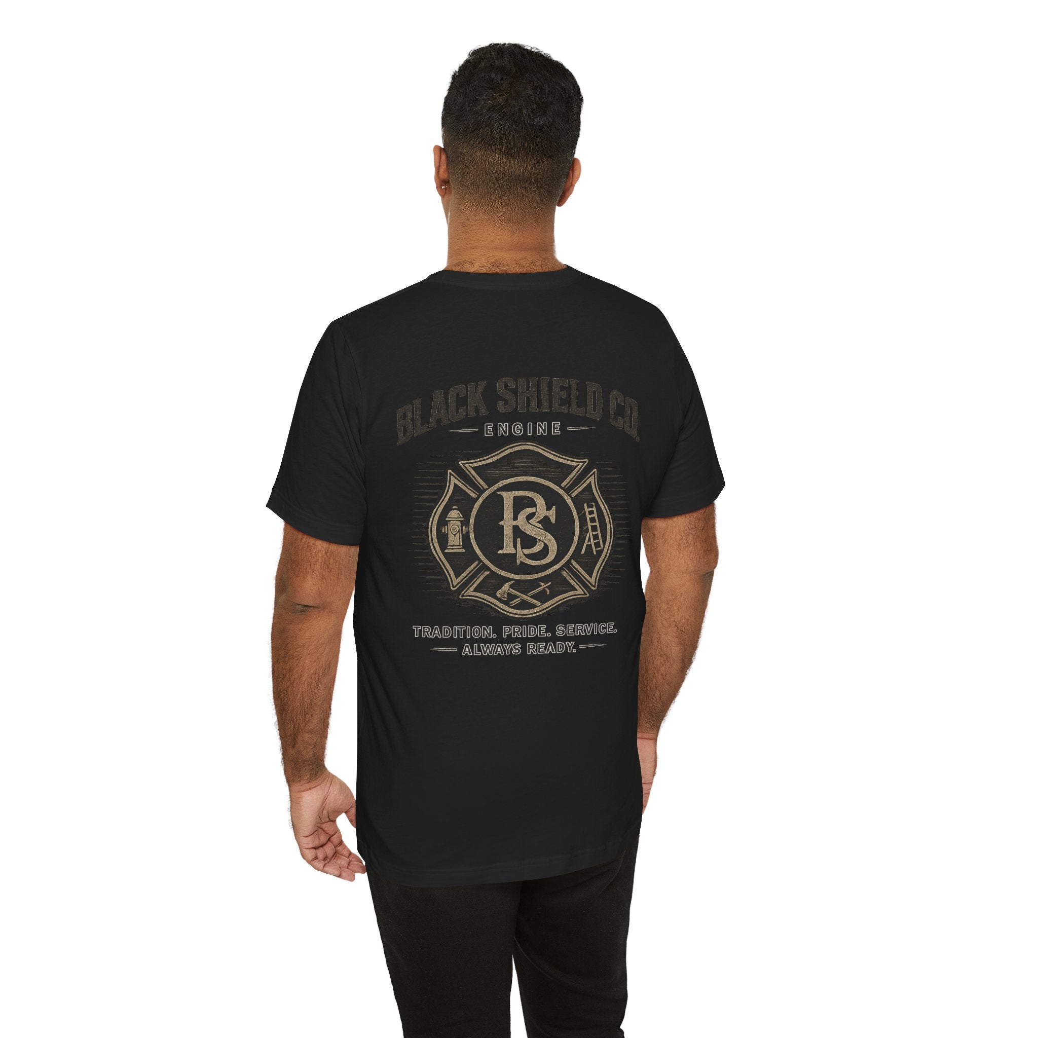 Black Shield Co. Firefighter Tee — "Tradition. Pride. Service. Always Ready."