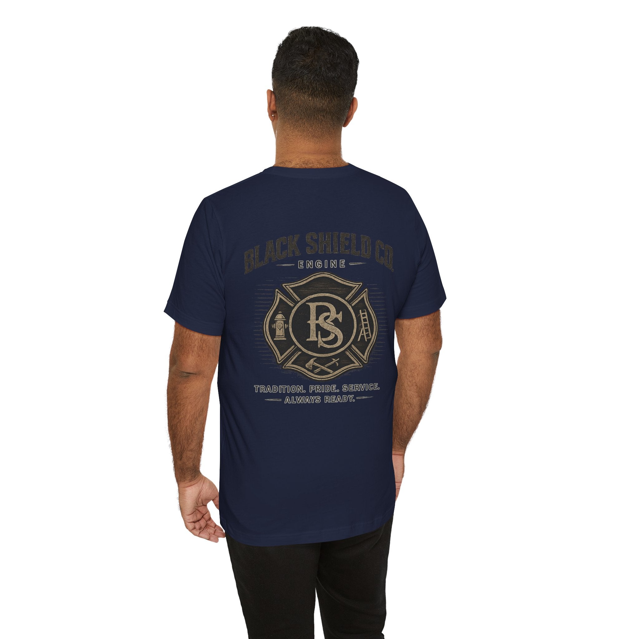 Black Shield Co. Firefighter Tee — "Tradition. Pride. Service. Always Ready."