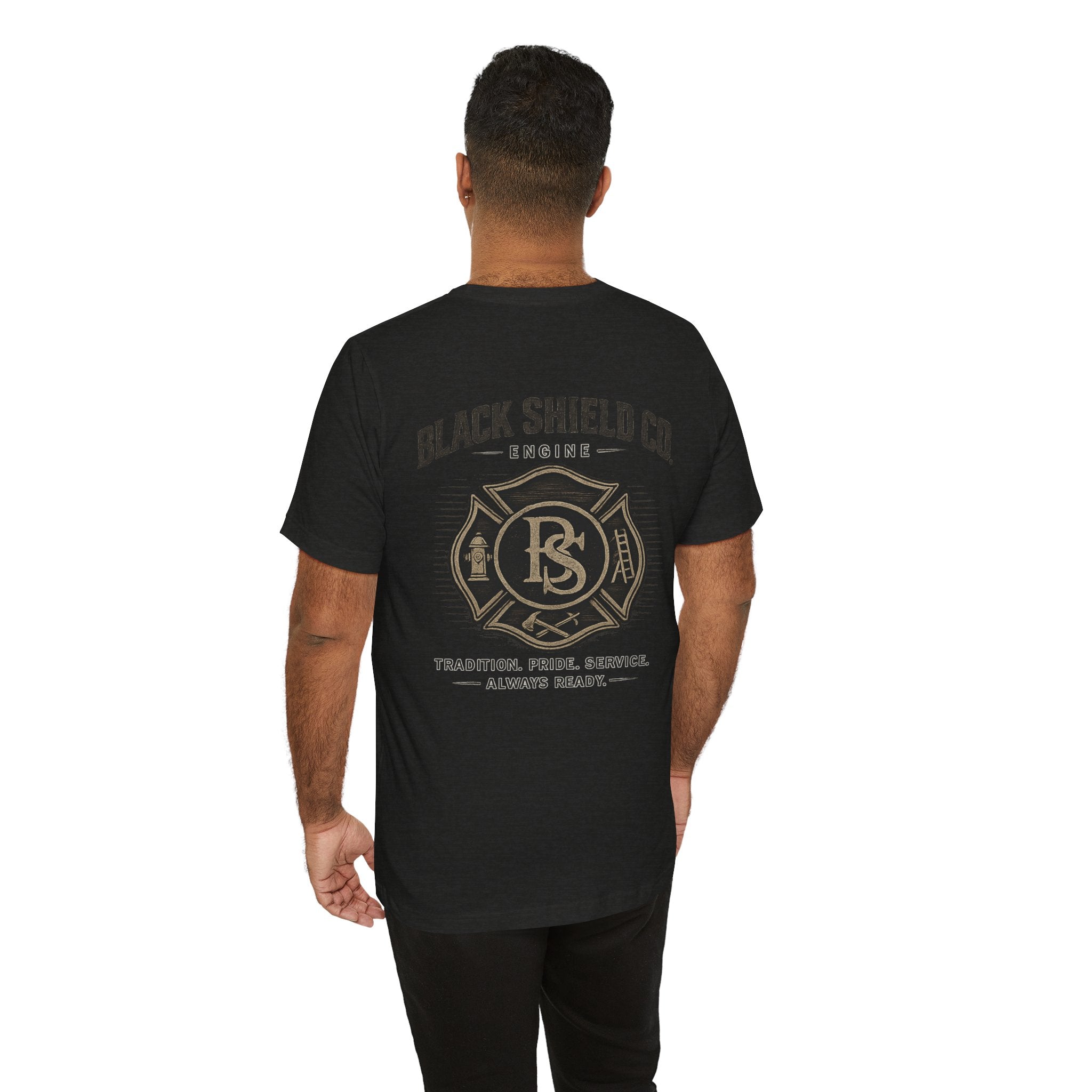 Black Shield Co. Firefighter Tee — "Tradition. Pride. Service. Always Ready."